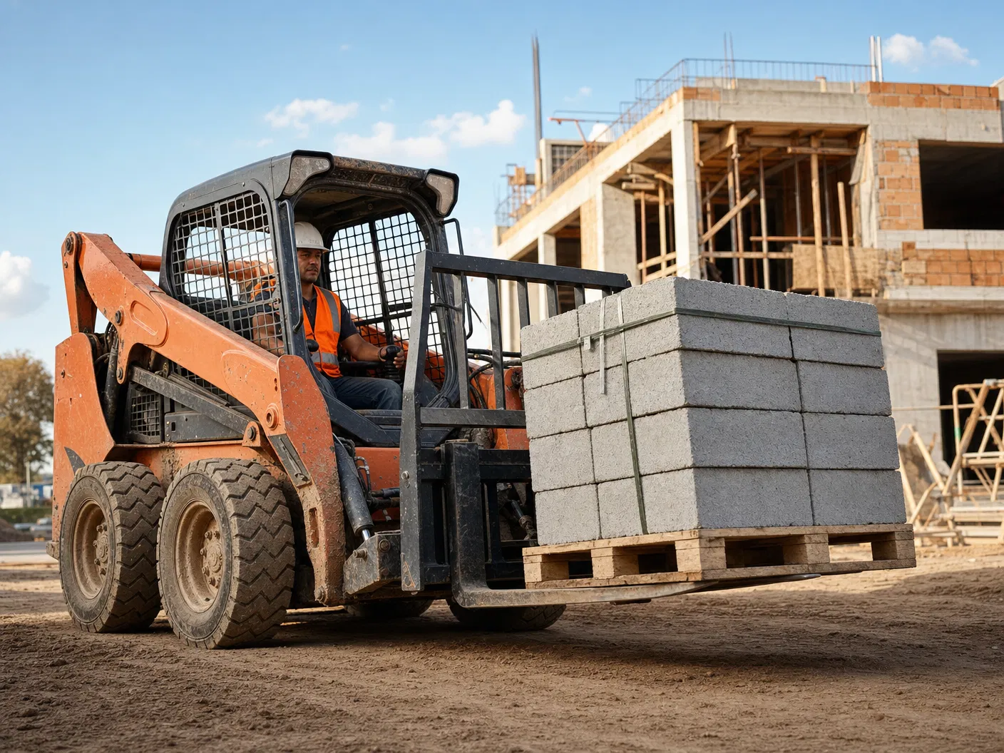 Garfo pallet Bobcat para movimentação de material em obra residencial