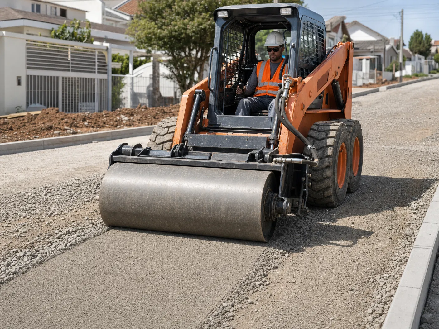 Rolo compactador Bobcat para compactação de base residencial